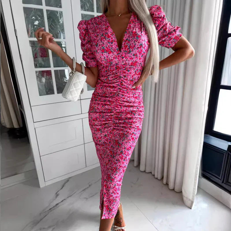 High Waisted Slim Fit Summer Floral Midi Dress