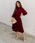 Elegant Office Dress Formal Loose Green Long Sleeve Belt ALine Midi Dresses