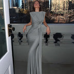 Solid Boat Neck Twist Knot Long Dress
