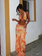 Vintage Print Cover Up Suspenders Sexy Three Piece Swim Sets