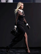 Lapel Mesh Patchwork Button Black Long Dress