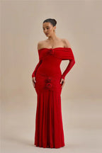 Off - shoulder Strapless Rose Long Sleeve Dress