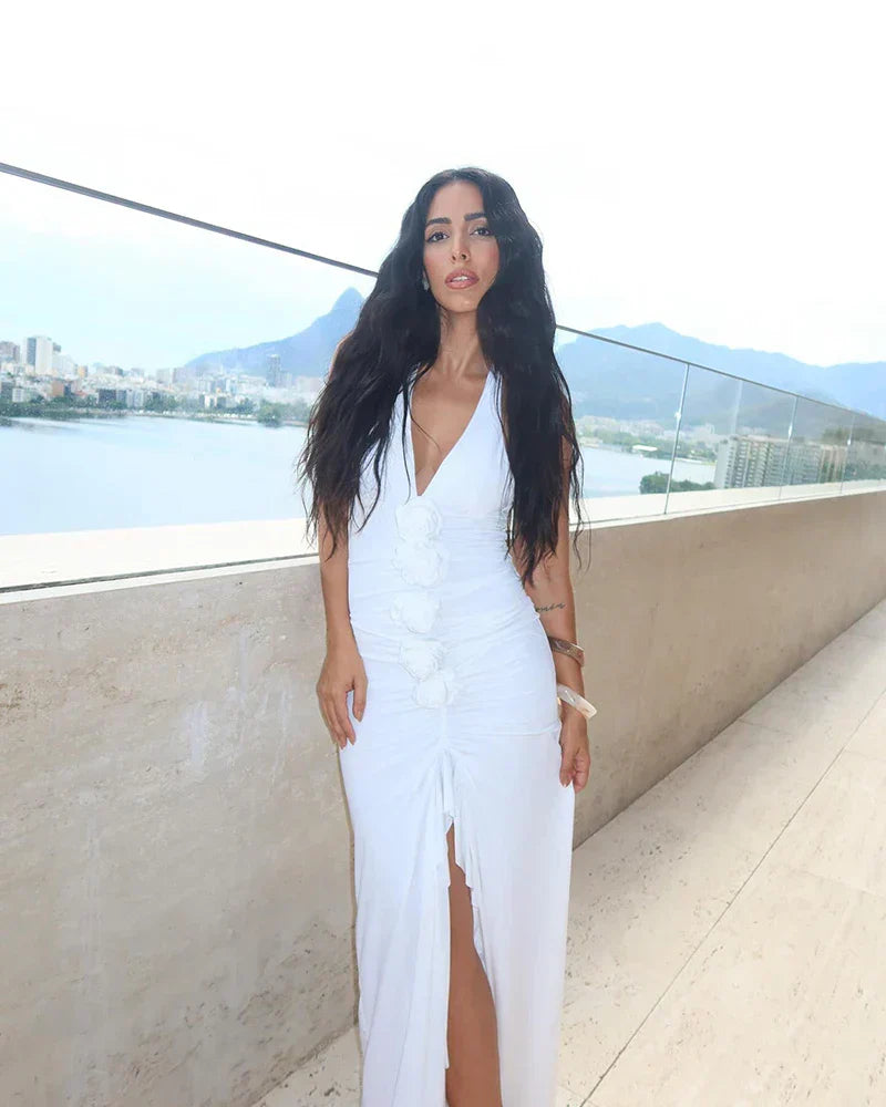 White Floral Halter Sleeveless Ruffled Long Dress