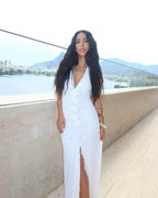 White Floral Halter Sleeveless Ruffled Long Dress