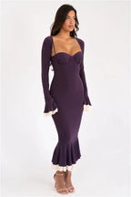 Patchwork Square Collar Evening Fishtail Dress