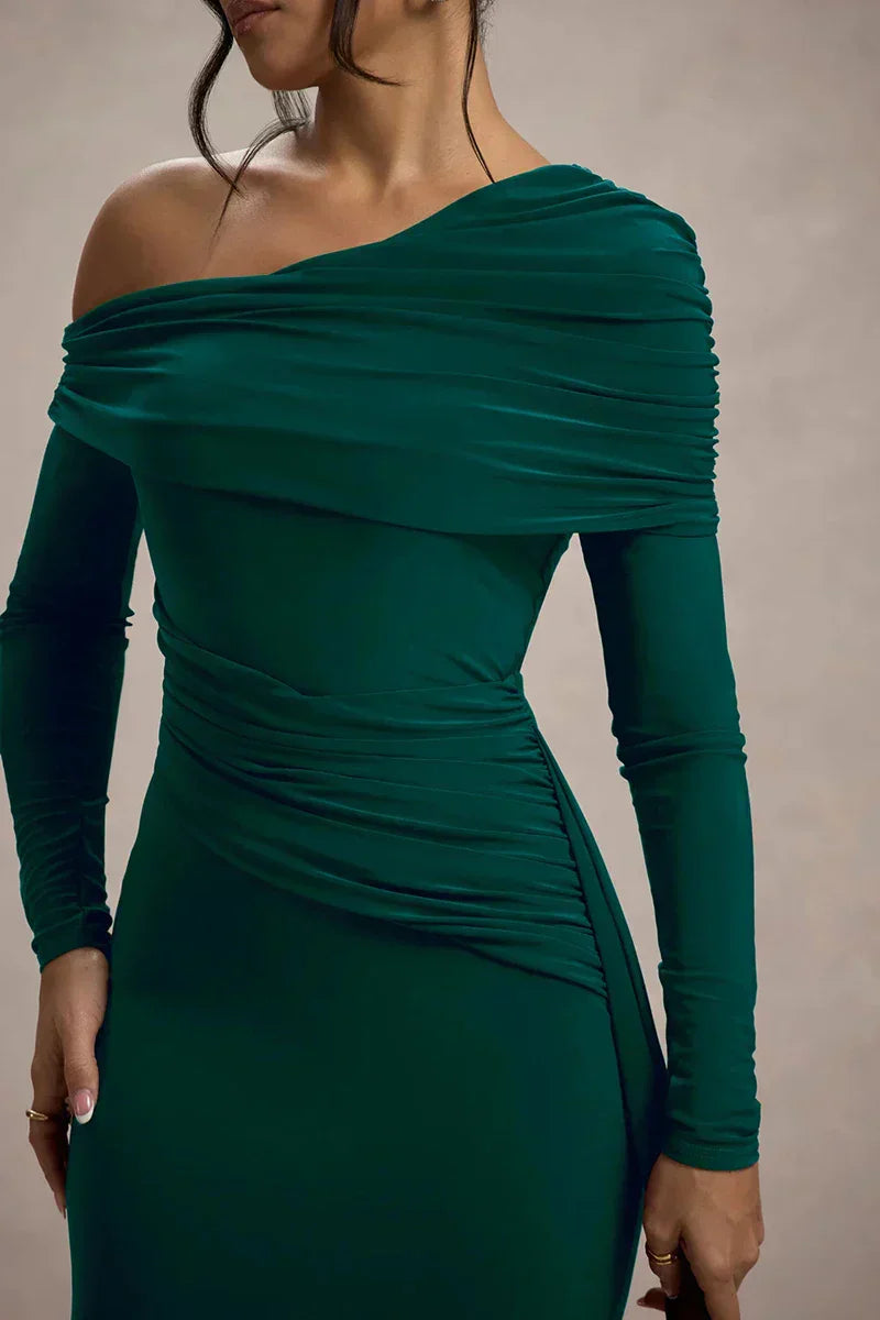 Skew Collar Long Sleeve Maxi Dress