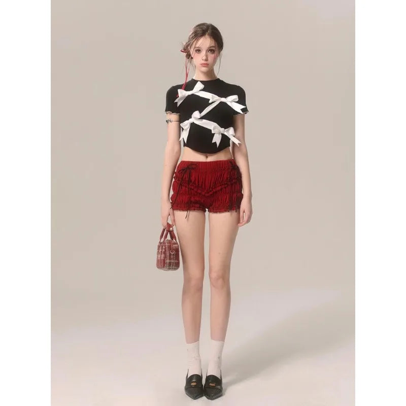 Bow Decoration Black Slim Tshirt
