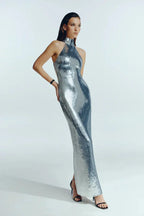 High neck bead wrapped hip skirt slit sequin dress