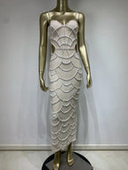 Women V Neck White Pearl Beading Maxi Dress