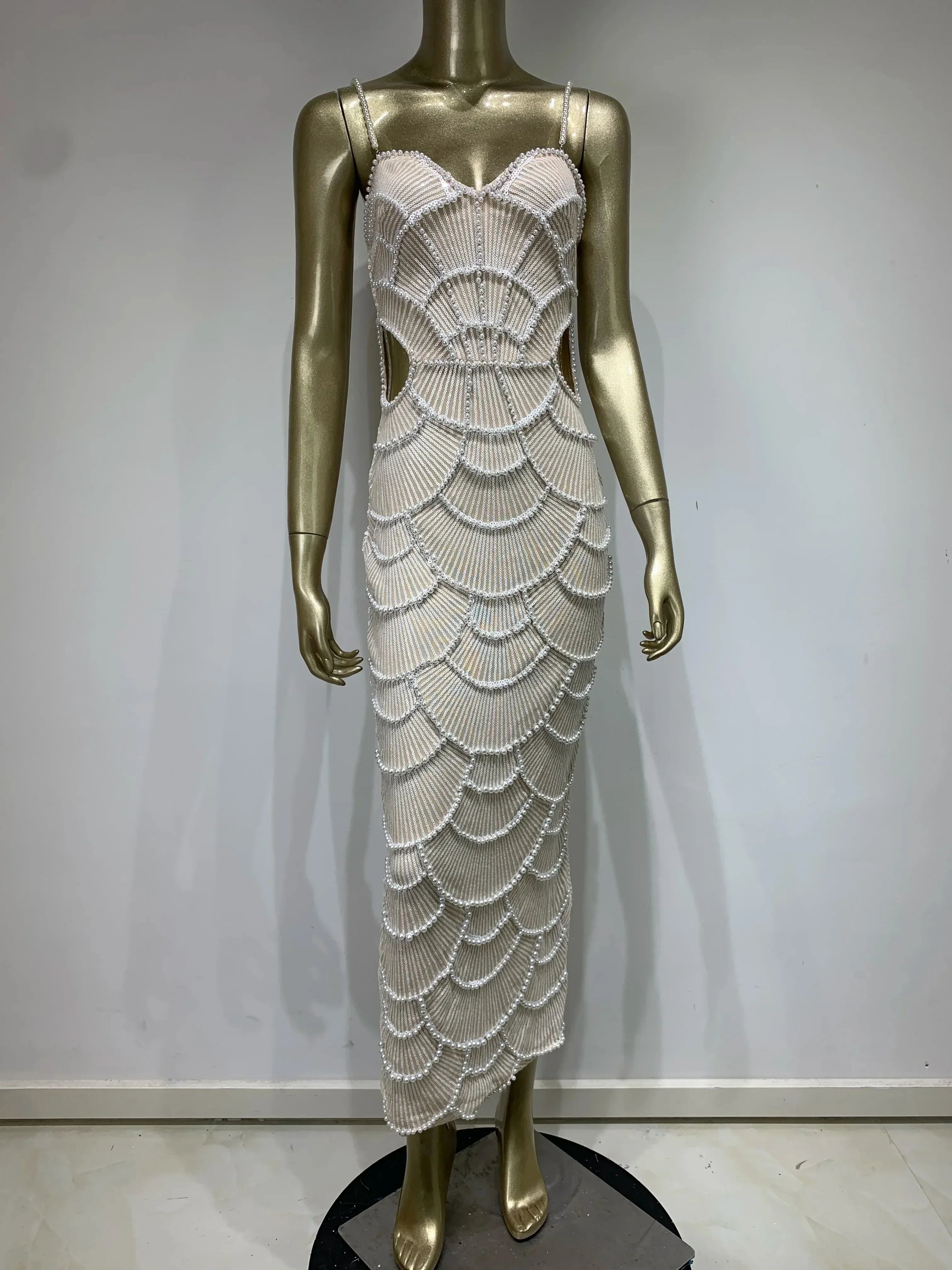 Women V Neck White Pearl Beading Maxi Dress