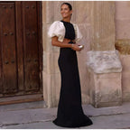Patchwork Puff Sleeve Hollow Out Long Dress