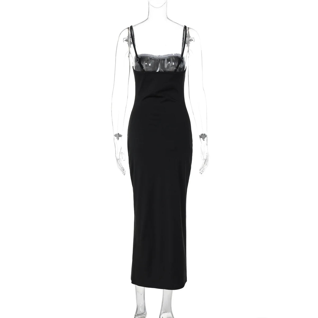 Open Back Lace Patchwork Black Maxi Dress