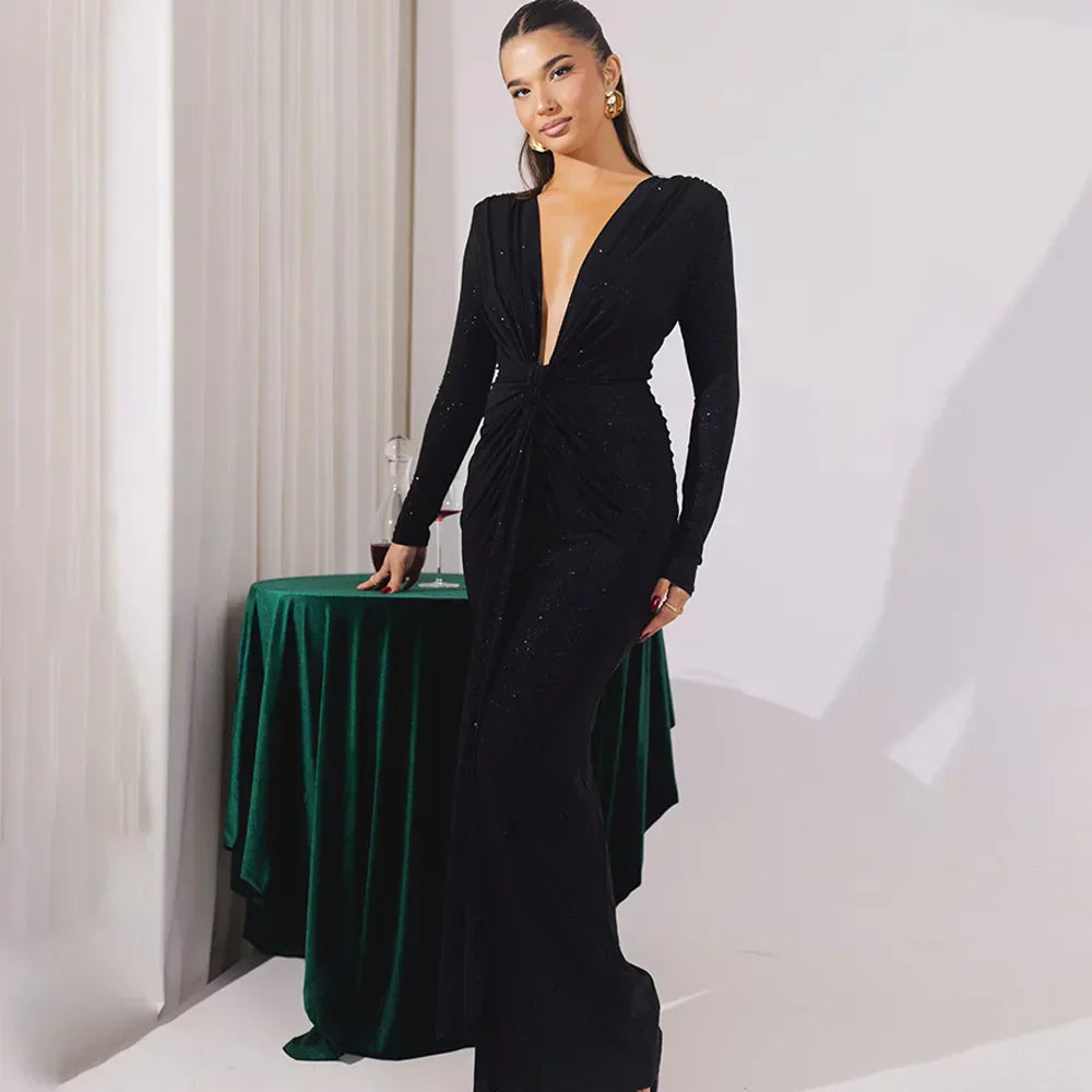 Elastic Deep V - Fold Lace Maxi Dress