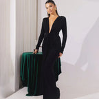 Elastic Deep V - Fold Lace Maxi Dress