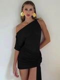 Oblique - Shoulder Backless Irregular Draped Dress