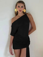 Oblique - Shoulder Backless Irregular Draped Dress