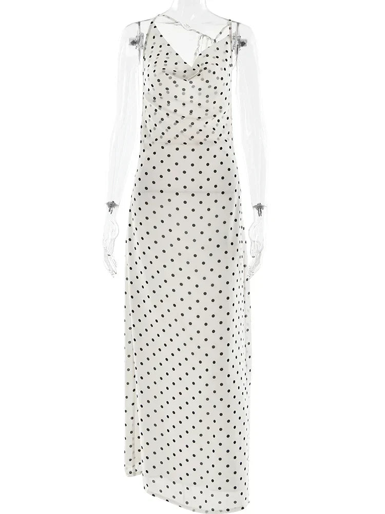 Polka Dot Backless Spaghetti Strap Party Maxi Dress