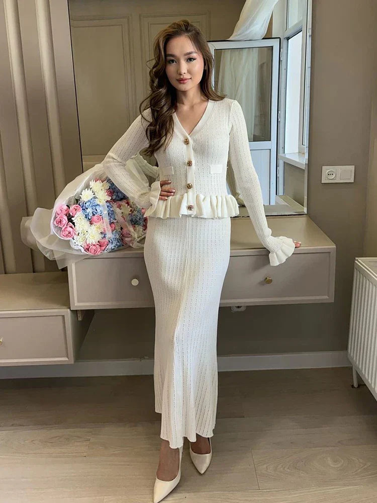 Ruffle Knitted Long Sleeve Mermaid Midi Dress