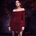 Pleated Off - Shoulder Long Sleeve Mini Dress