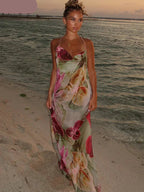 Floral Print Backless Halter Dress with Split for Women