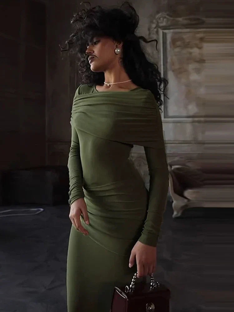 Solid Long Sleeve Irregular Splice Long Dress
