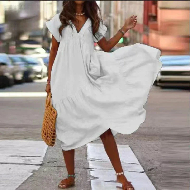 Cotton Linen Oversize Loose Vneck Boho Dress
