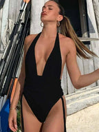 White Deep V Neck Halter Bandage Push Up One Piece Swimwear