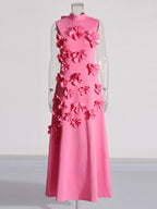 3D Flower Appliqué Mock Neck Midi Dress