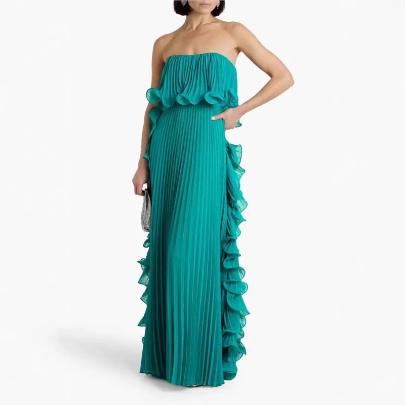 Pleated Chiffon Long Ruffled Strapless Dress
