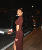 Turtleneck Hollow Out Thigh High Split Dress