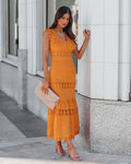 Sacha Cotton Linen Crochet Tiered Midi Dress Tangerine