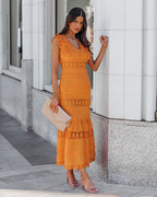 Sacha Cotton Linen Crochet Tiered Midi Dress Tangerine