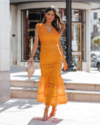Sacha Cotton Linen Crochet Tiered Midi Dress Tangerine