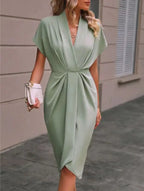 Short Sleeve Deep V Neck Draped High Waist Work Dress