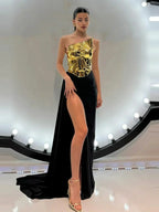 Gold Lace - up Tops 2 Pieces Floor - length Dress