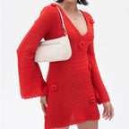 3D Flower Hand Crotch Full Flare Sleeve Sweater Dress