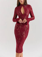 V - Neck Hollow Out Long Sleeve Black Lace Maxi Dress