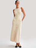Knit Maxi Dress with Pockets Button - Front