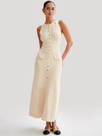 Knit Maxi Dress with Pockets Button - Front