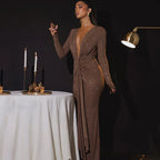 Elastic Deep V - Fold Lace Maxi Dress