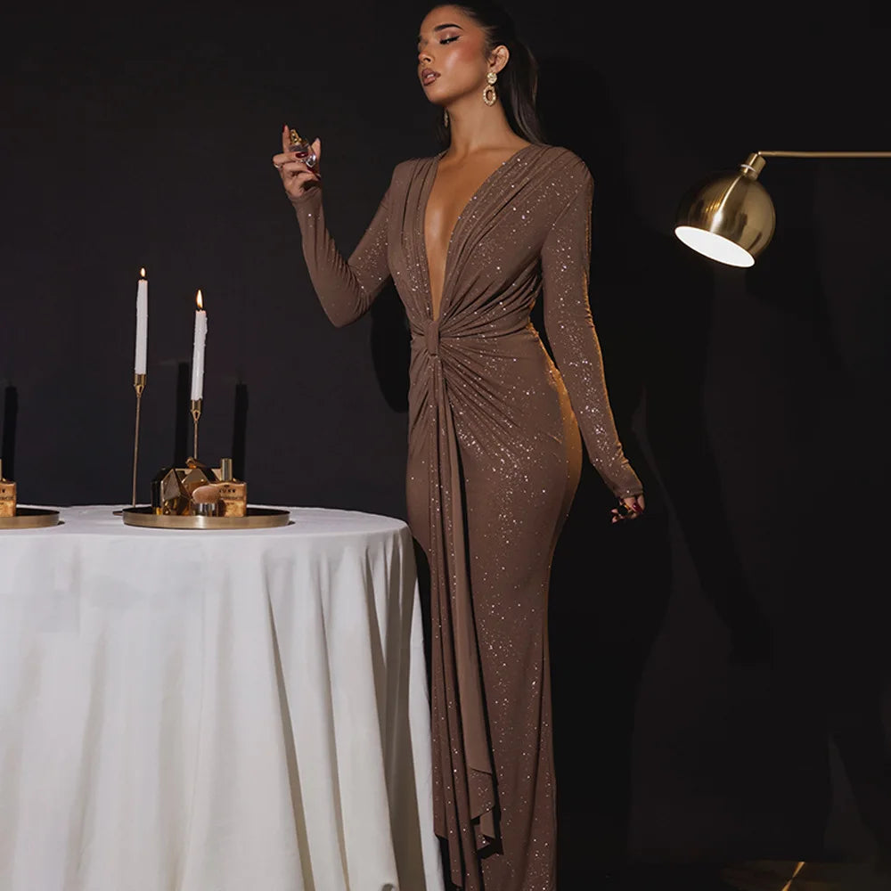Elastic Deep V - Fold Lace Maxi Dress