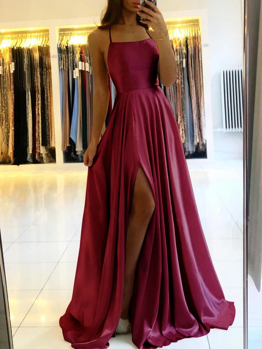 Blue Satin Spaghetti ALine Prom Dress