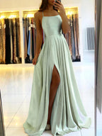 Blue Satin Spaghetti ALine Prom Dress