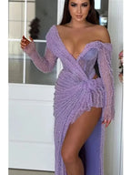 Off - Shoulder Long Sleeve Asymmetric Mesh Dress