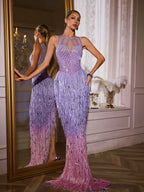 Fringe Rhinestone Maxi Dress In Purple