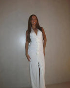 White Floral Halter Sleeveless Ruffled Long Dress