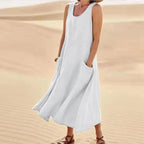 Brianna Boutique Women's Long Summer Dress in Cotton Linen with Pockets Premium Wardrobe Essential