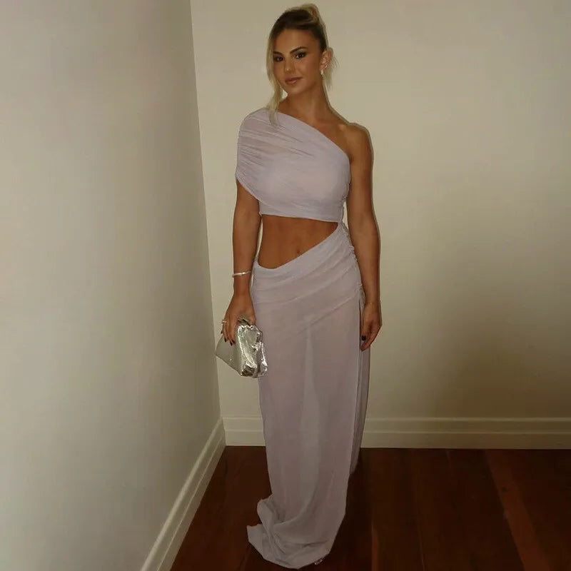 Mesh Backless One - Shoulder Long Dress