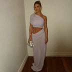 Mesh Backless One - Shoulder Long Dress