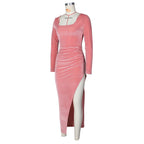 Elegant Velvet High Waist Slit Maxi Dress Long Sleeve Evening Party Dress